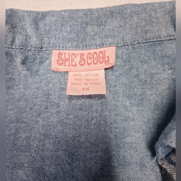 Vintage Chambray Shescool Mini Shirt Dress with Contrast Plaid Trim - Blue - Picture 4 of 6